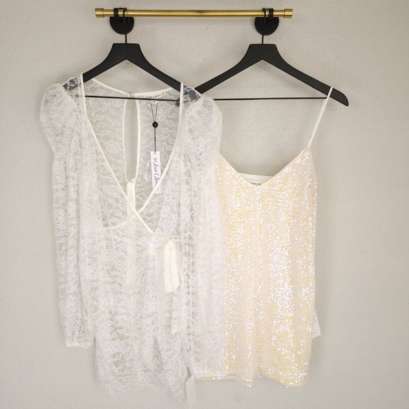 For Love and Lemons L Blanc Lourve Sheer Lace Sequin Long Sleeve Dress NWT - Picture 12 of 16